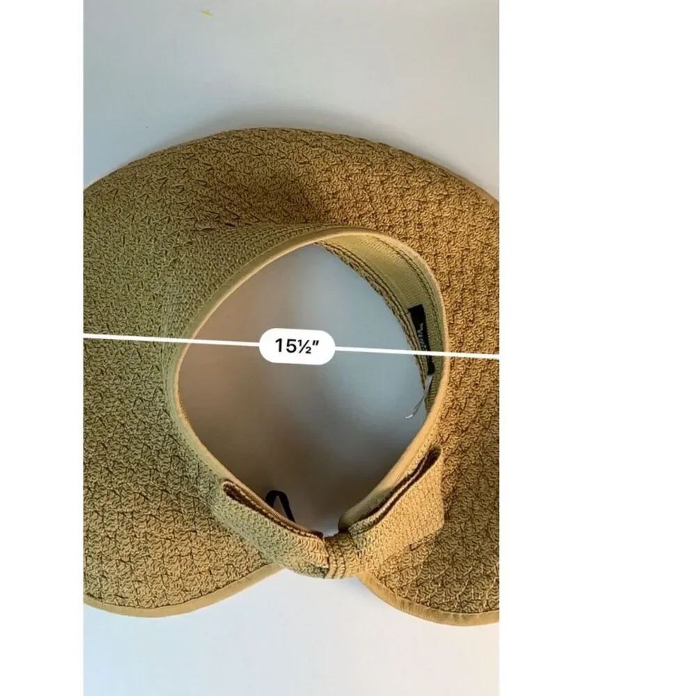 Magid Women's Tan Straw Open Top Wide Brimmed Bow Accent Roll-Up Sun Visor Hat